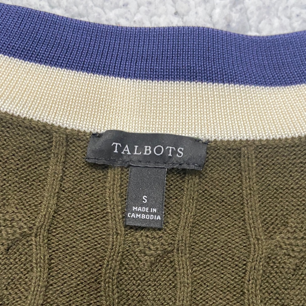 Talbots Olive V-Neck Sweater with Navy and Cream Accents - Picture 2 of 3